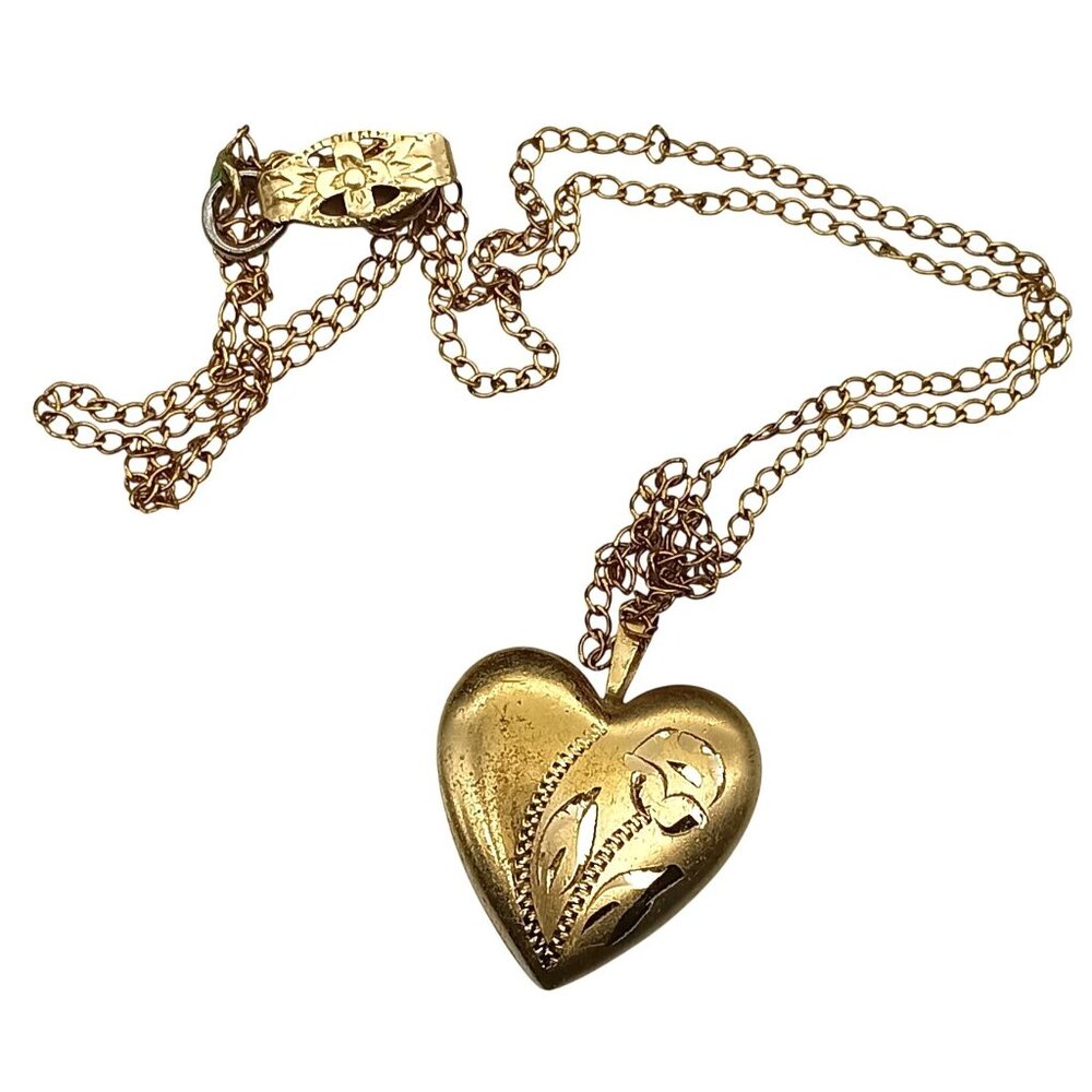 Vintage 14KGP Heart Pendant Necklace with Engraved Flower Design from PPC on Del